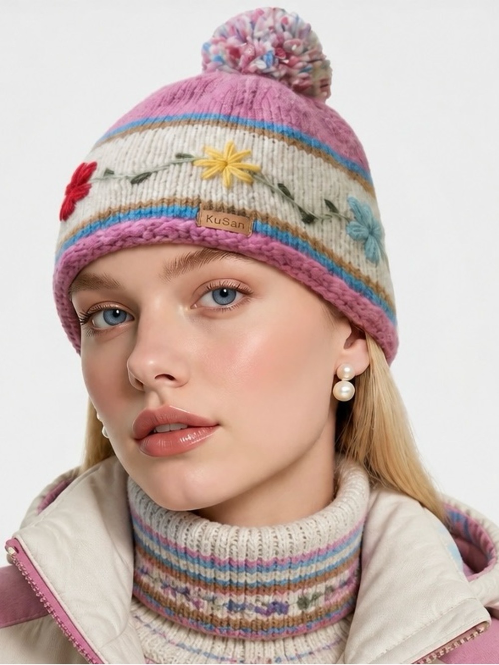 KuSan Pink White Striped Floral Knit Pom Beanie One Size